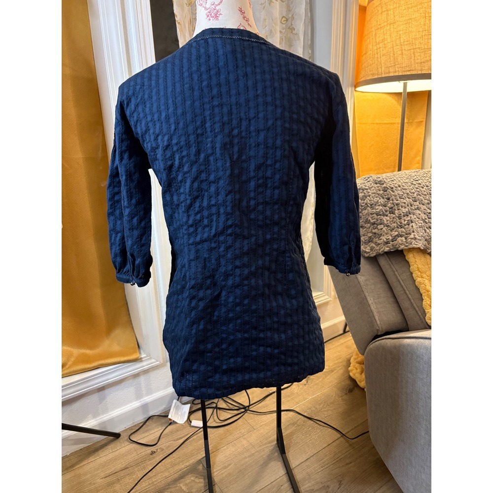 Ann Taylor LOFT Navy Blue Cotton Pintuck Tunic 3/4 Sleeve Textured Top Size 2 - Picture 4 of 7